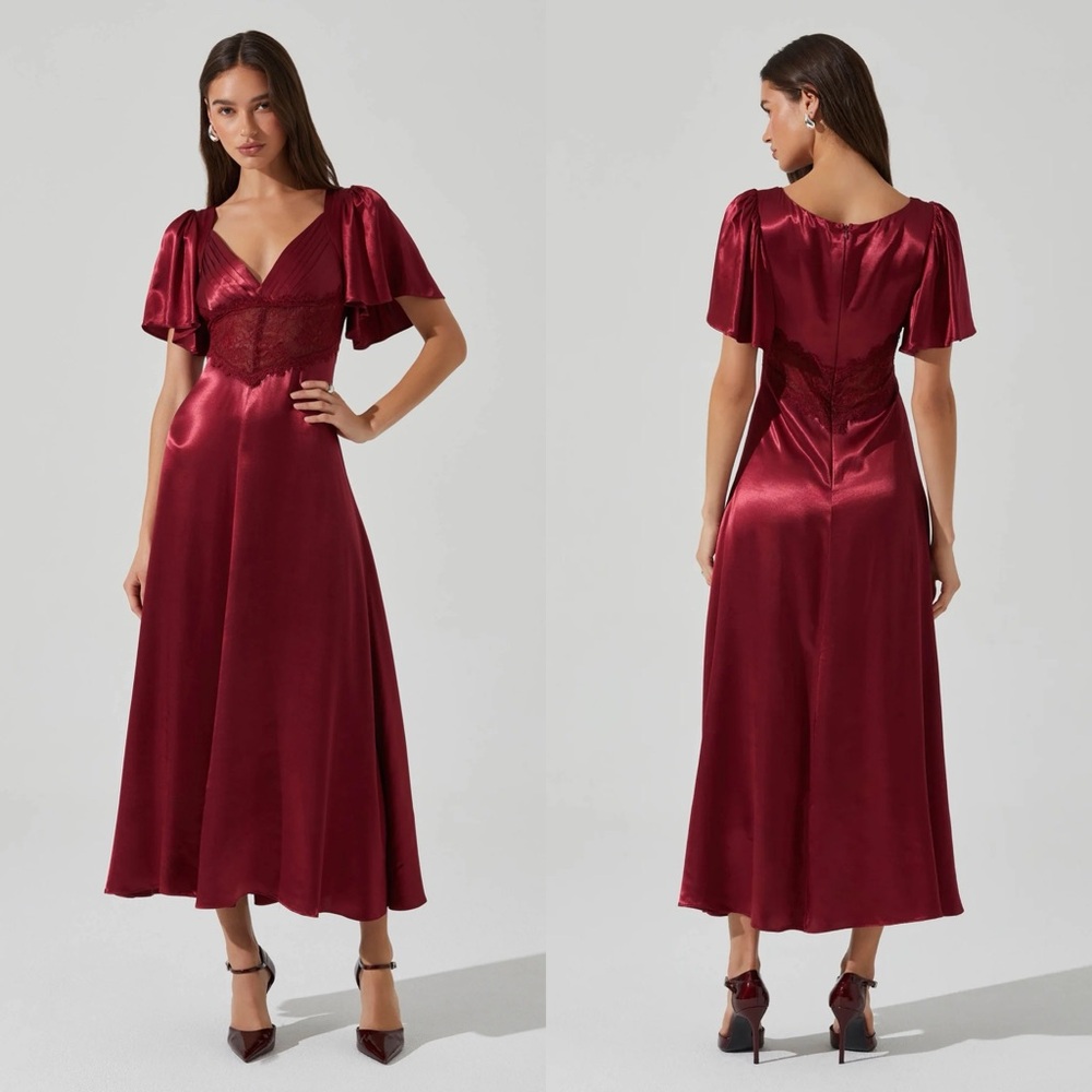 Astr Burgundy Satin Midi Dress